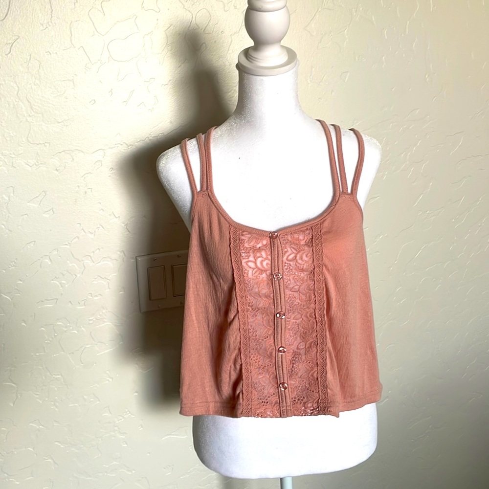 Soft pink tank blouse with lace front